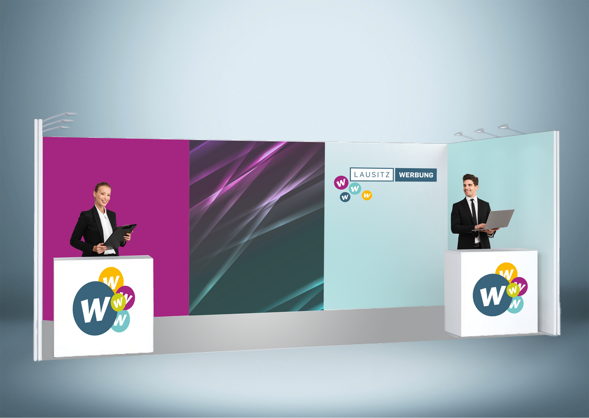 Messewand Stecksystem Dortmund 620 x 300 cm | werkzeugfrei, LED Spots & Hinterleuchtung | perfekt für Messeauftritt