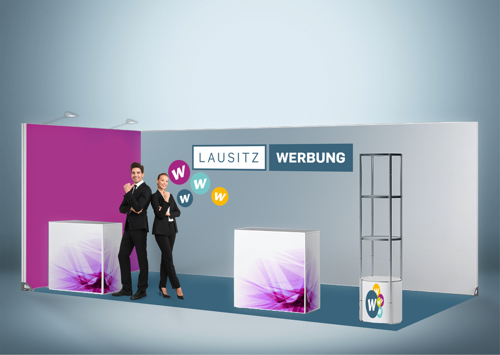 Messewand Stecksystem Friedrichshafen 614 x 314 cm | werkzeugfrei, LED Spots & Hinterleuchtung, ideal für Messeauftritt