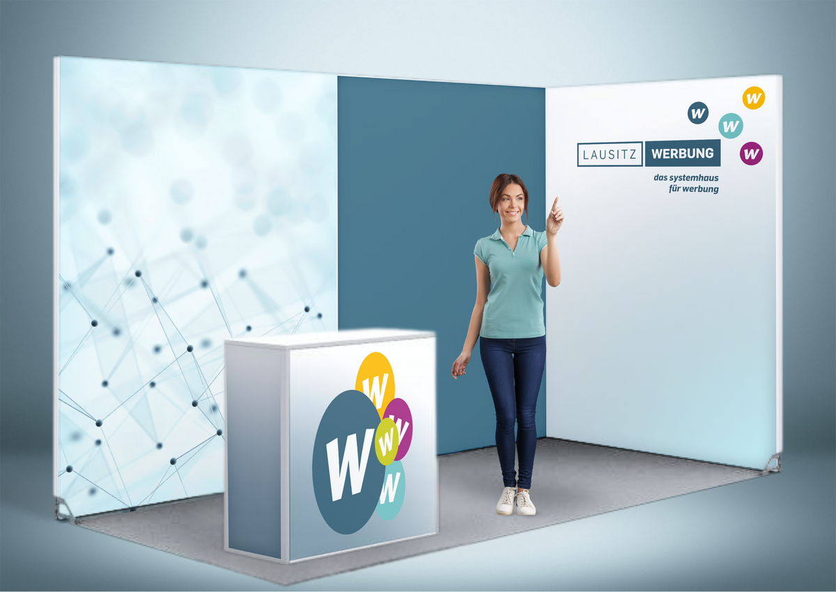 Messestand System Frankfurt | 412 x 212 cm, nachhaltig, werkzeugfrei, Hinterleuchtung für Messeauftritt