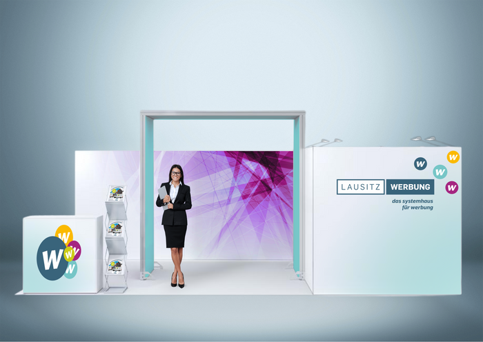 Messewand Stecksystem Dresden 614 x 316 cm | werkzeugfrei | LED Spots & Hinterleuchtung für Messestände