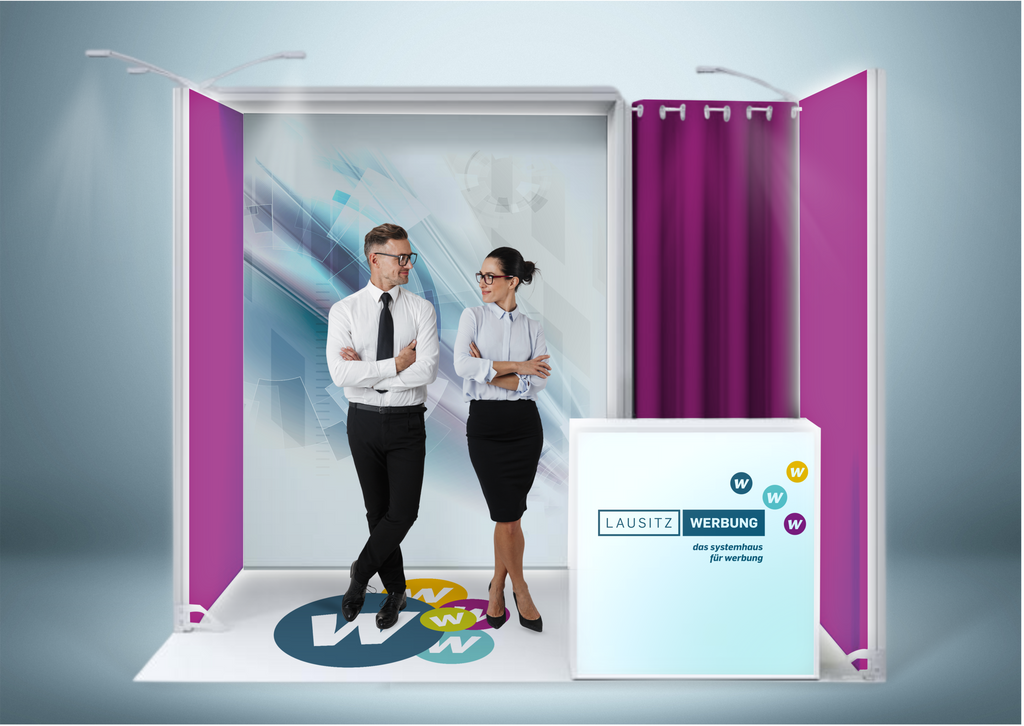 Messestand System Köln 308 x 310 cm | nachhaltig, werkzeugfrei, LED Spots & Hinterleuchtung für professionelle Messen