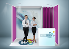 Messestand System Köln 308 x 310 cm | nachhaltig, werkzeugfrei, LED Spots & Hinterleuchtung für professionelle Messen