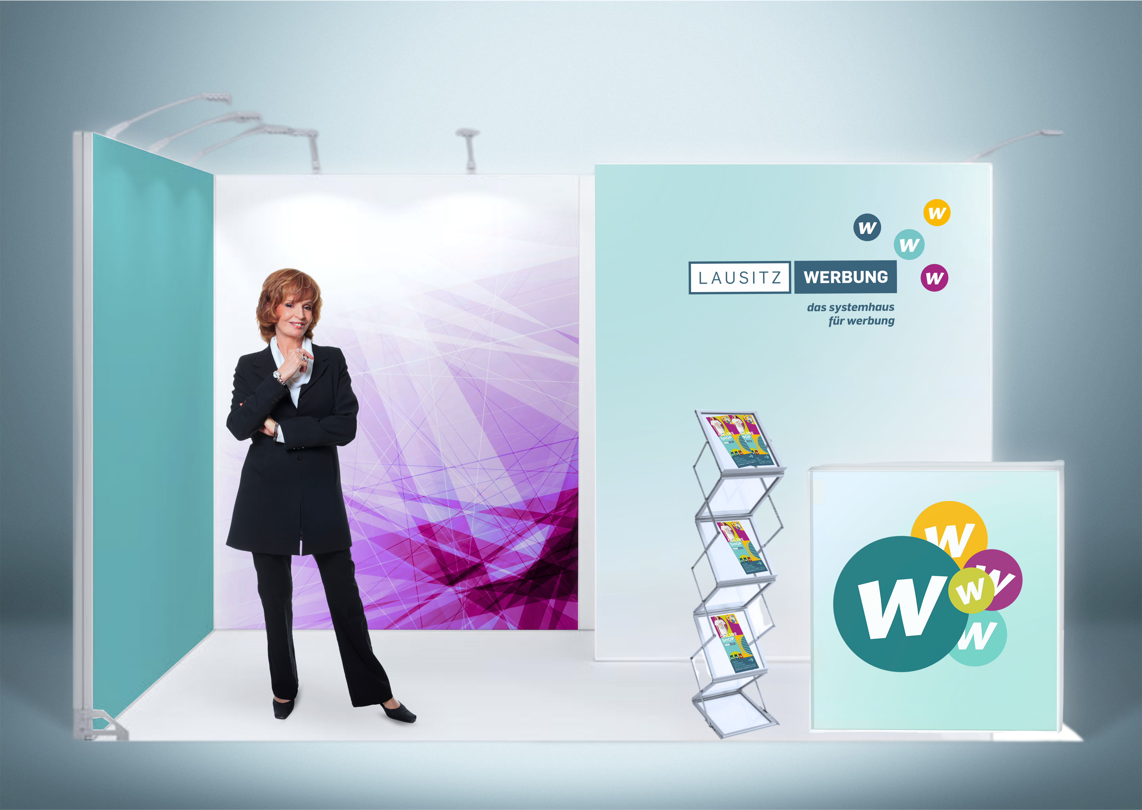 Messestand System Stuttgart 416 x 300 cm | werkzeugfrei, LED Spots & Hinterleuchtung | ideal für Messeauftritt