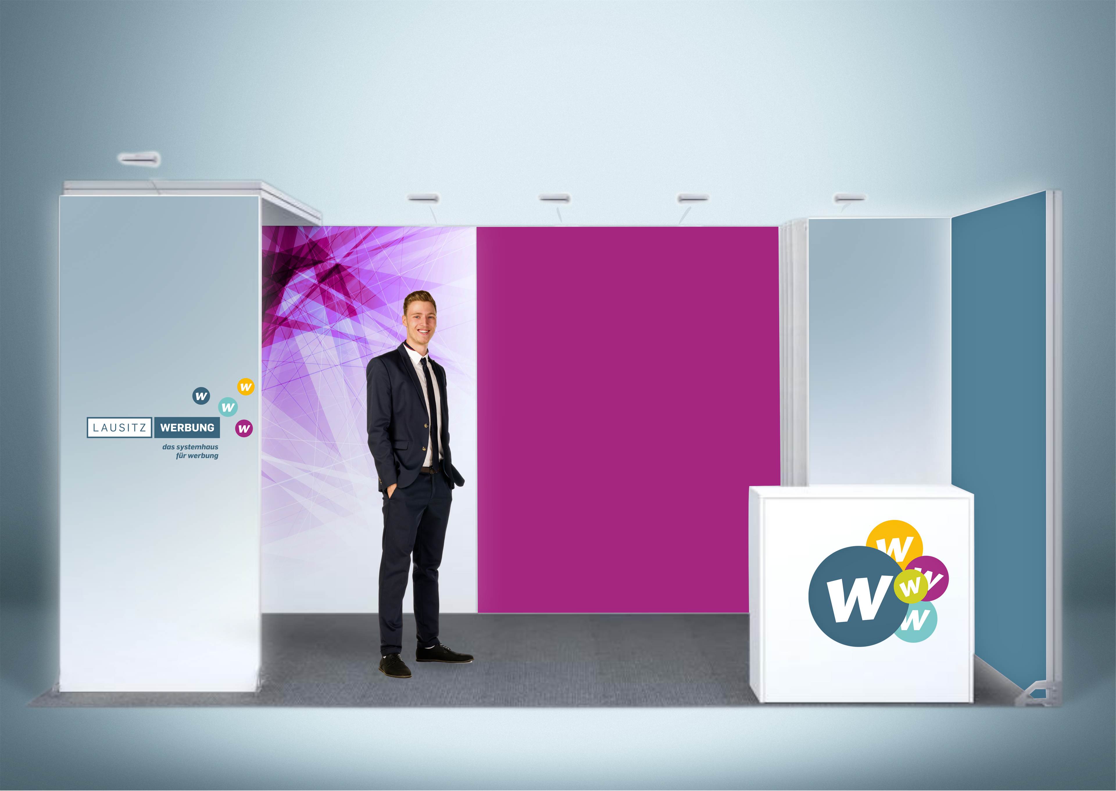 Messestand System Essen 512 x 320 cm | werkzeugfrei, LED Spots & Hinterleuchtung |für professionelle Messeauftritt