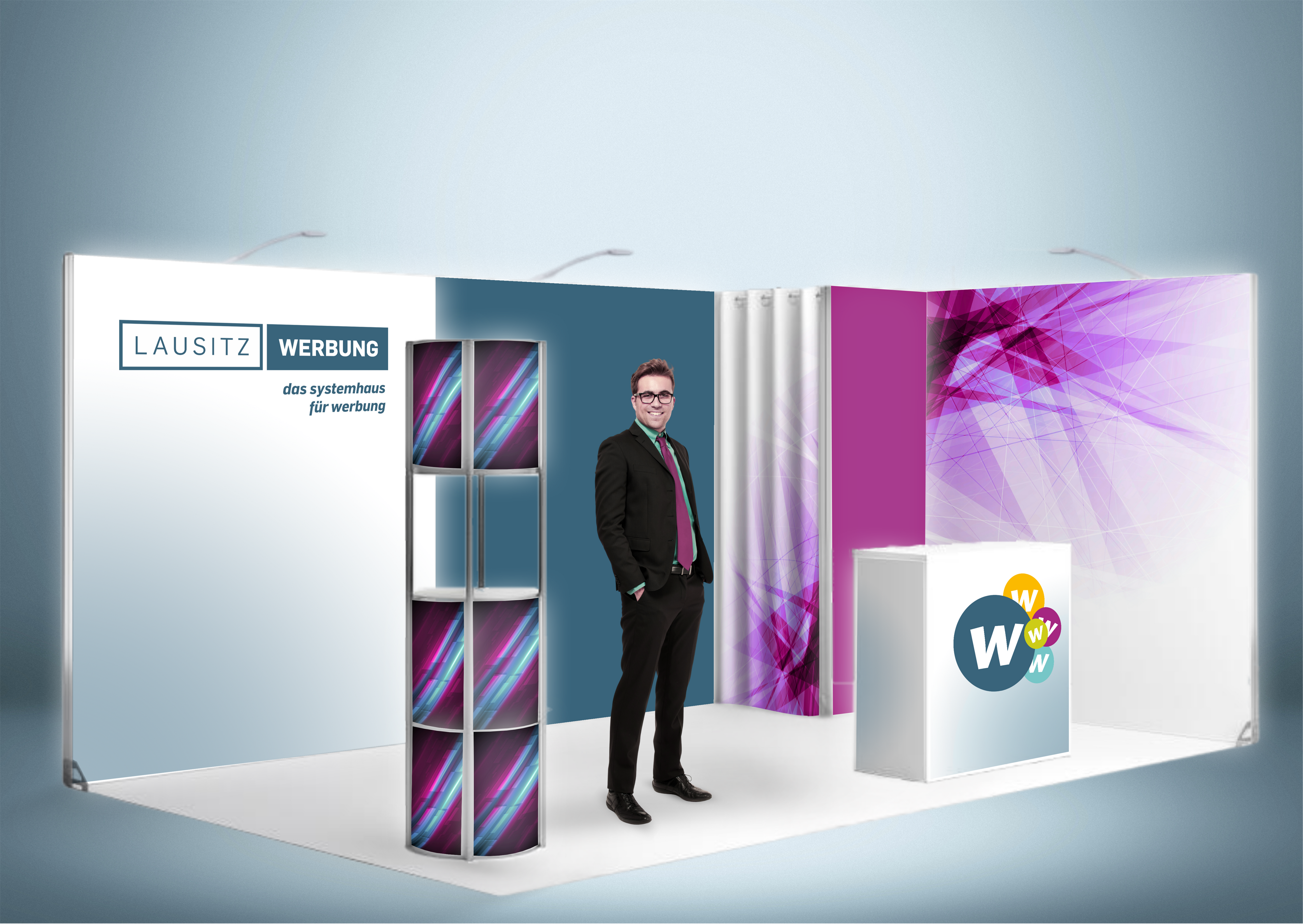 Messewand Stecksystem Leipzig 522 x 322 cm | werkzeugfrei, LED Spots & Hinterleuchtung | ideal für Messeauftritt