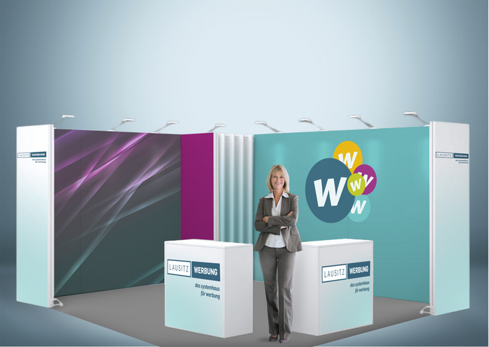 Messewand Stecksystem Aachen 518 x 426 cm | werkzeugfrei, LED Spots & Hinterleuchtung| perfekt für Messeauftritt