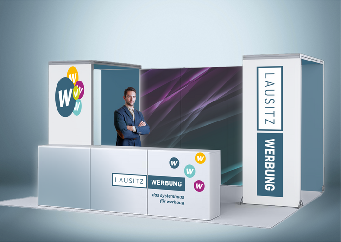 Messewand Stecksystem Mannheim 508 x 400 cm | werkzeugfrei, LED Spots & Hinterleuchtung für Messeauftritt