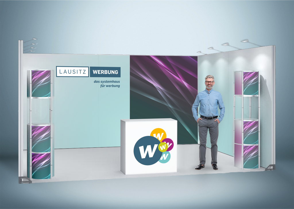 Messewand Stecksystem Heilbronn 518 x 426 cm | werkzeugfrei, LED Spots & Hinterleuchtung für professionelle Messeauftritt