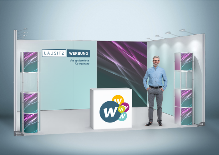 Messewand Stecksystem Heilbronn 518 x 426 cm | werkzeugfrei, LED Spots & Hinterleuchtung für professionelle Messeauftritt