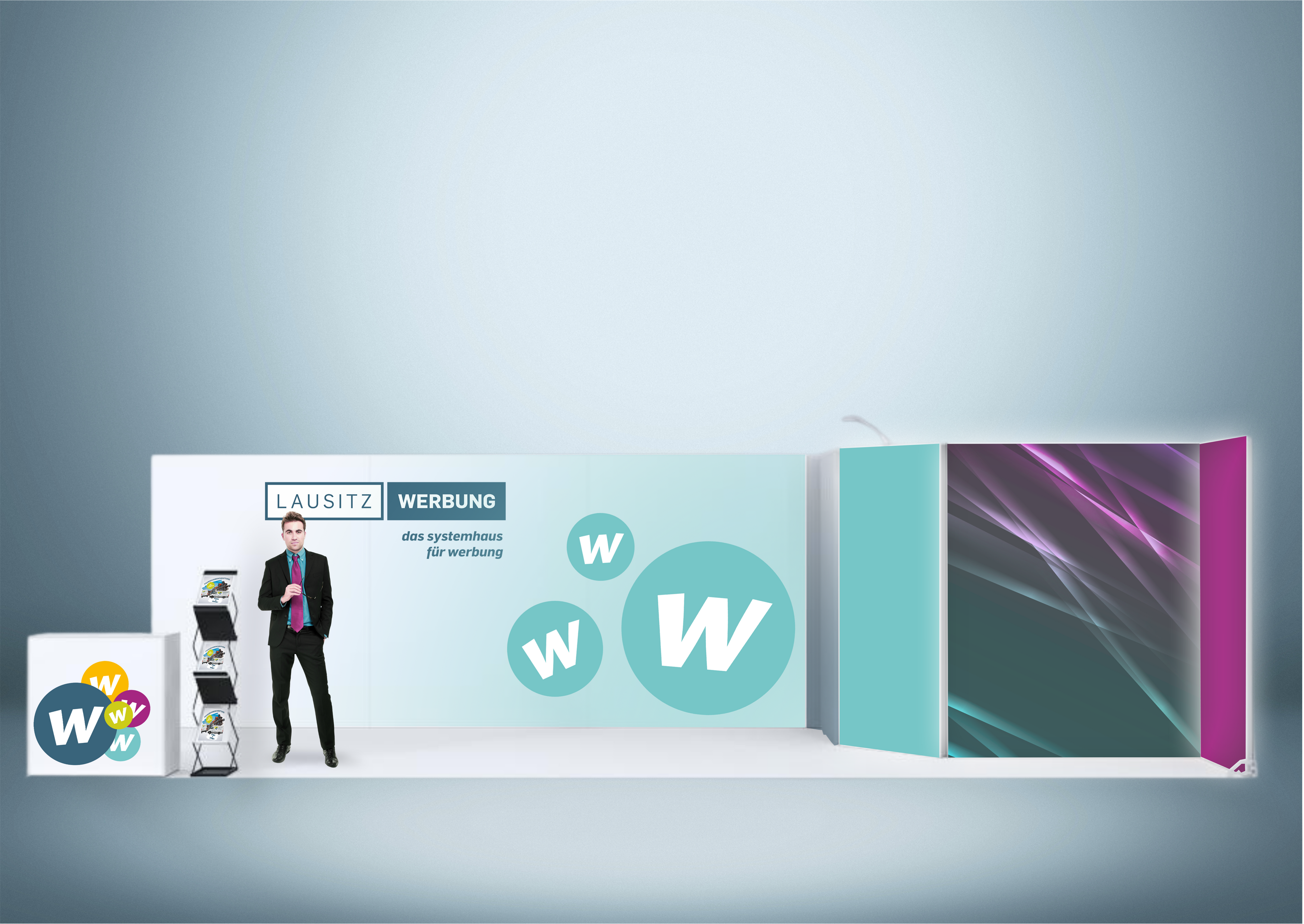Messewand Stecksystem Karlsruhe 904 x 312 cm | nachhaltig, werkzeugfrei, LED Spots & Hinterleuchtung, ideal für Messeauftritt