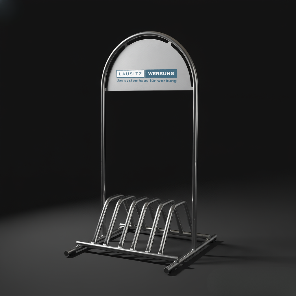 Kundenstopper mit Fahrradabstellplatz und Logo-Schild – in Silber oder Weiß, inkl. Druck