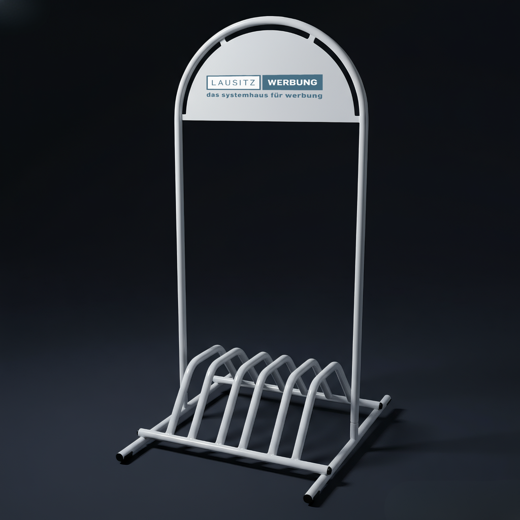 Kundenstopper mit Fahrradabstellplatz und Logo-Schild – in Silber oder Weiß, inkl. Druck - Bild 2