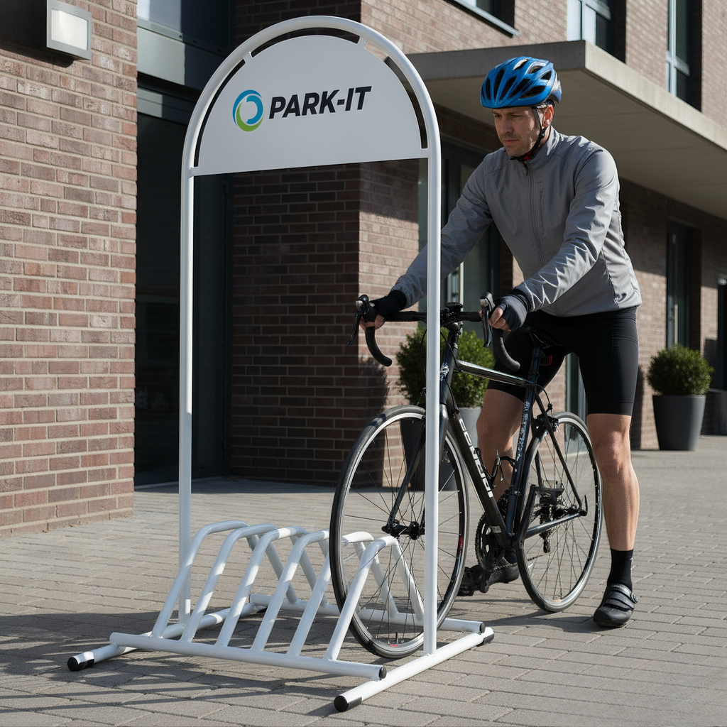 Kundenstopper mit Fahrradabstellplatz und Logo-Schild – in Silber oder Weiß, inkl. Druck - Bild 6