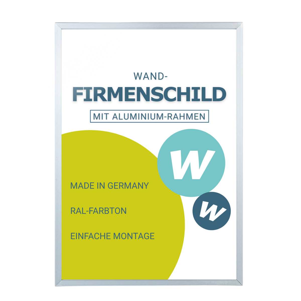 Wand-Firmenschild mit Alu-Rahmen | silber eloxiert,  RAL-Farbton