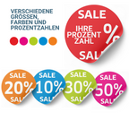 Sale-Aufkleber  – Individuelle Rabatt- & Prozent Fensteraufkleber | Ø 20-90 cm,  rot, rosa, orange, blau, grün