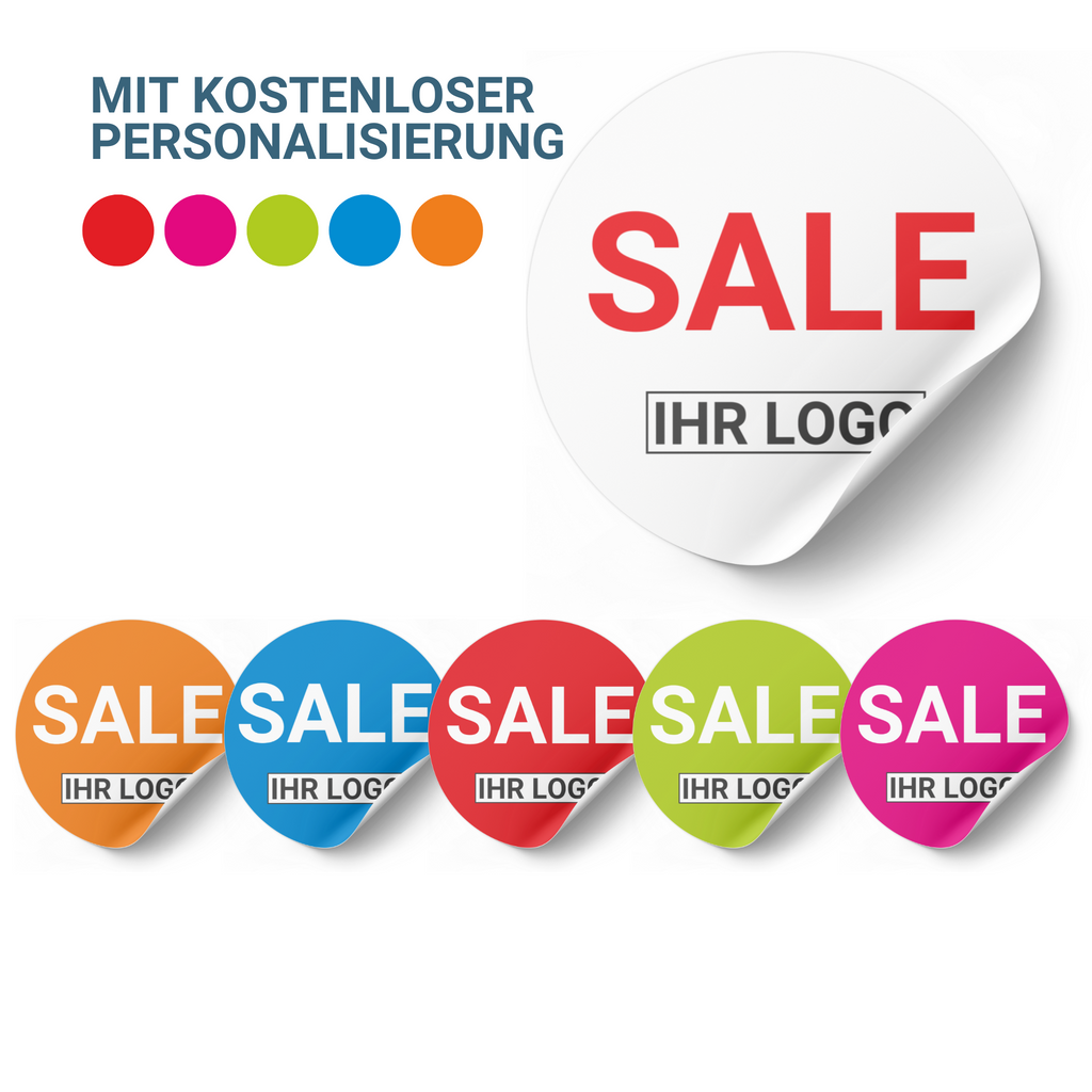 Sale Aufkleber mit Ihrem Logo | kostenlose Personalisierung |  Ø 20-90 cm -  rot, rosa, orange, blau, grün