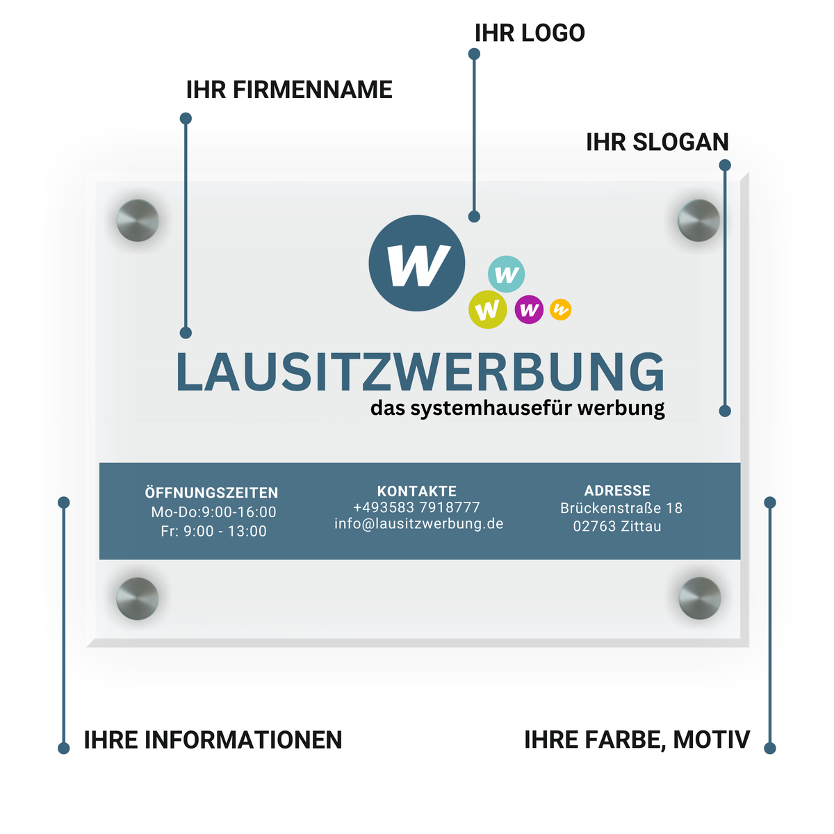 Firmenschild Alu oder Acrylglas  |  inkl.  Bohrungen & Abstandhalter, Datencheck & Druck - Bild 3
