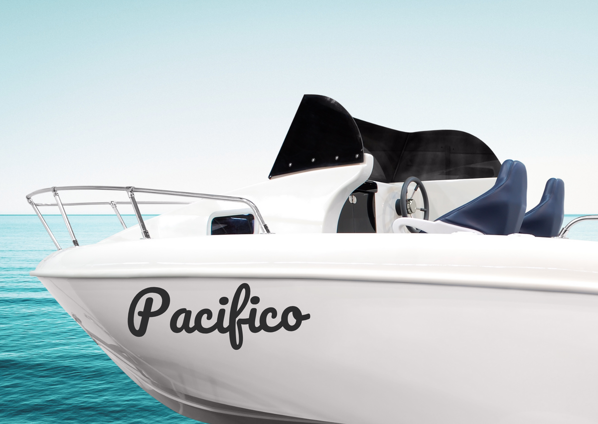 Bootsbeschriftung 8 cm hoch| für Festboote: Segelboot, Katamaran, Jacht, Sportboot | personalisierte Aufkleber + Gratis Symbole | ein Produkt - beide Seiten des Bootes  (2 Schriftzüge) - Bild 2