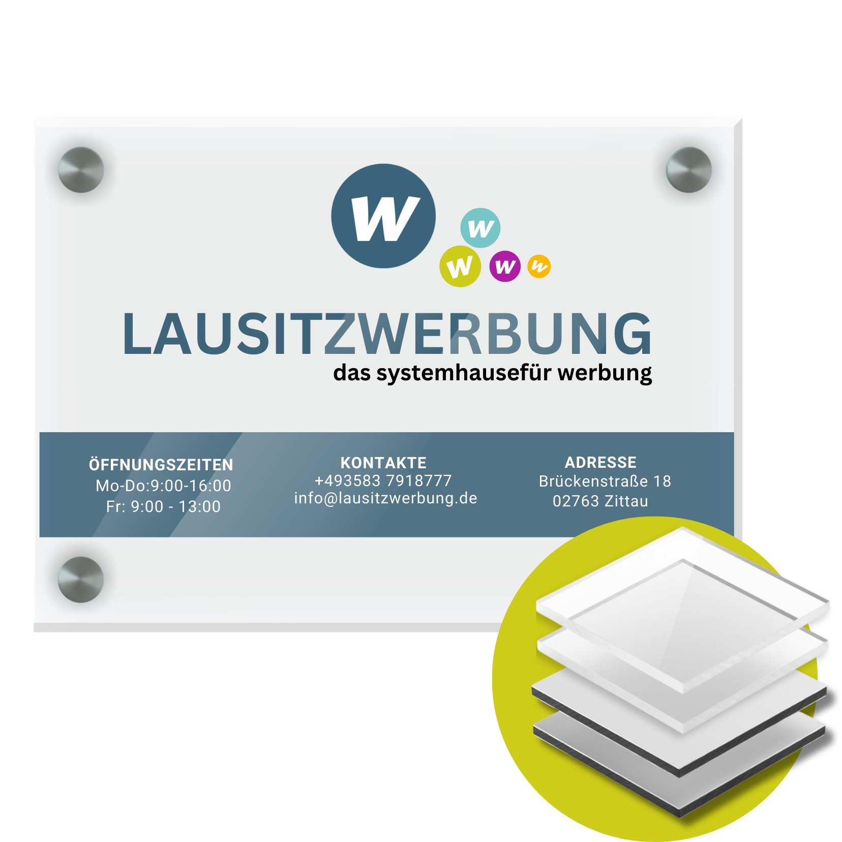 Firmenschild Alu oder Acrylglas  |  inkl.  Bohrungen & Abstandhalter, Datencheck & Druck