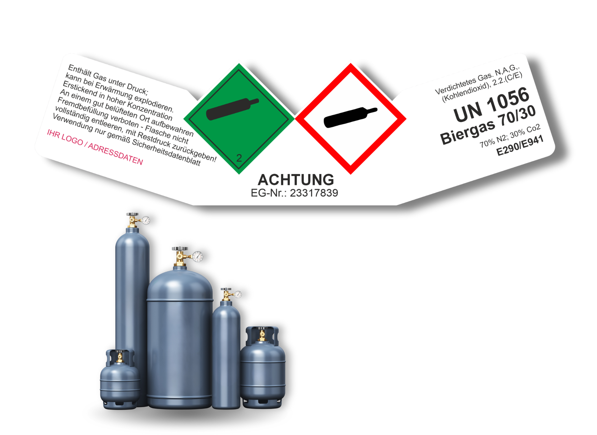 Biergas UN 1056 | Gefahrgut Aufkleber für Gasflaschen | ADR & DIN EN ISO | Personalisierung
