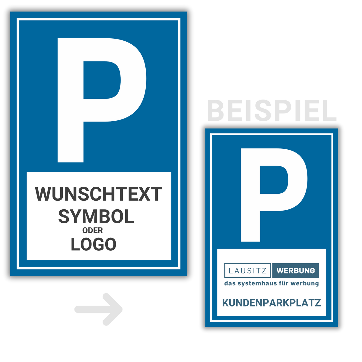 Parkplatzschild 30×20/40×30 cm – kostenlose Personalisierung: Wunschtext, Symbol oder Logo | Alu-Verbund & PVC