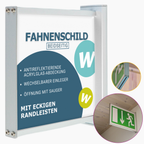 Doppelseitiges Fahnenschild | eloxiertes Aluminium | mit eckigen Randleisten in silber