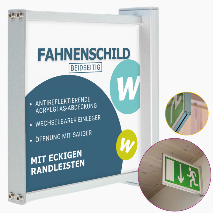 Doppelseitiges Fahnenschild | eloxiertes Aluminium | mit eckigen Randleisten in silber