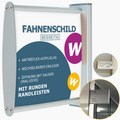 Leicht gewölbtes, doppelseitiges Fahnenschild | eloxiertes Aluminium | mit runden silbernen Randelementen