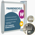 Leicht gewölbtes, doppelseitiges Fahnenschild | eloxiertes Aluminium | mit runden silbernen Randelementen