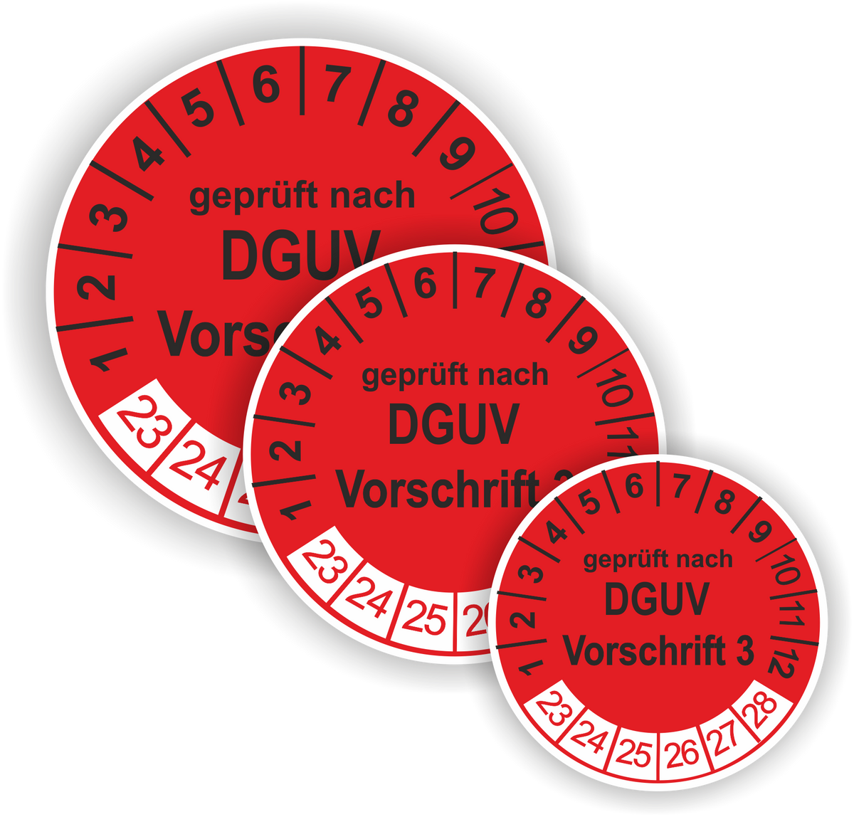 Prüfplaketten DGUV V.3 als Aufkleber — 60 Stück — Ø 20, 30 oder 35 mm — Farbe: Rot