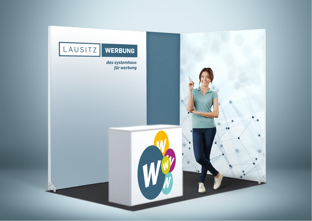 Messestand System Hannover 312 x 212 cm | werkzeugfrei, LED Spots & Hinterleuchtung, ideal für Messeauftritt