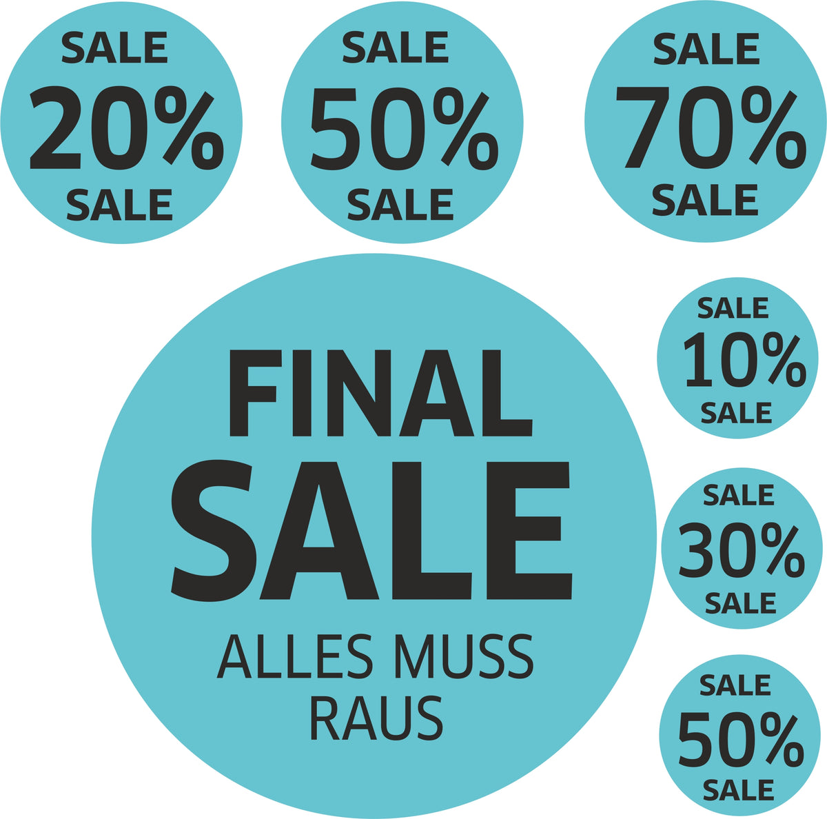 7x SALE Aufkleber Set, Farbe blau-schwarz – Rabatt Sticker für Schaufenster | Werbeaufkleber