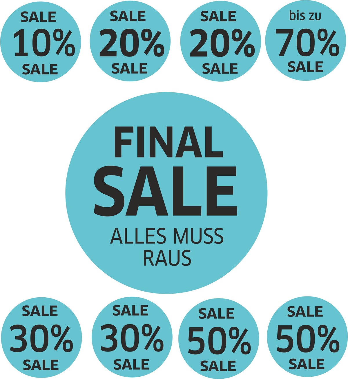9x SALE Aufkleber Set, Farbe blau-schwarz – Rabatt Sticker für Schaufenster | Final Sale