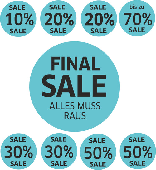 9x SALE Aufkleber Set, Farbe blau-schwarz – Rabatt Sticker für Schaufenster | Final Sale