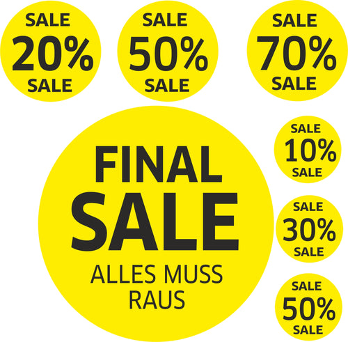 7x SALE Aufkleber Set, Farbe gelb-schwarz – Rabatt Sticker für Schaufenster |  Werbeaufkleber