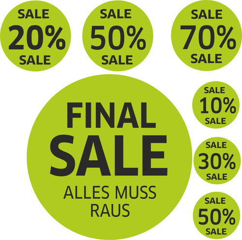 7x SALE Aufkleber Set, Farbe grün-schwarz – Rabatt Sticker für Schaufenster | Final Sale