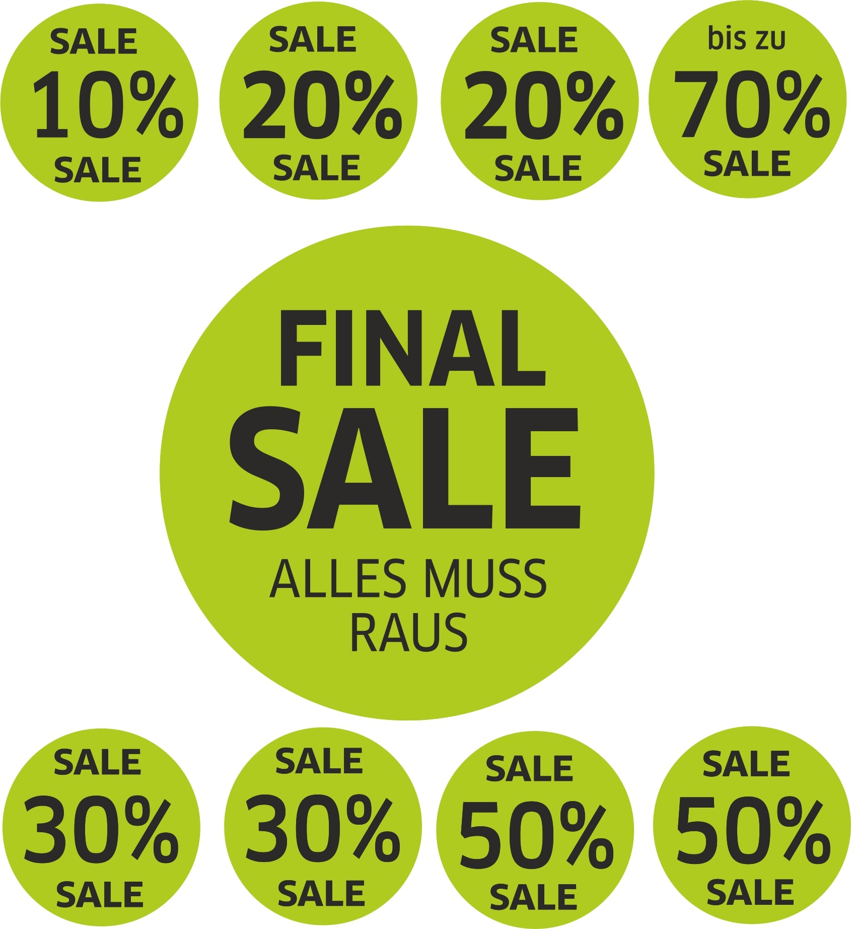 9x SALE Aufkleber Set, Farbe grün-schwarz – Rabatt Sticker für Schaufenster