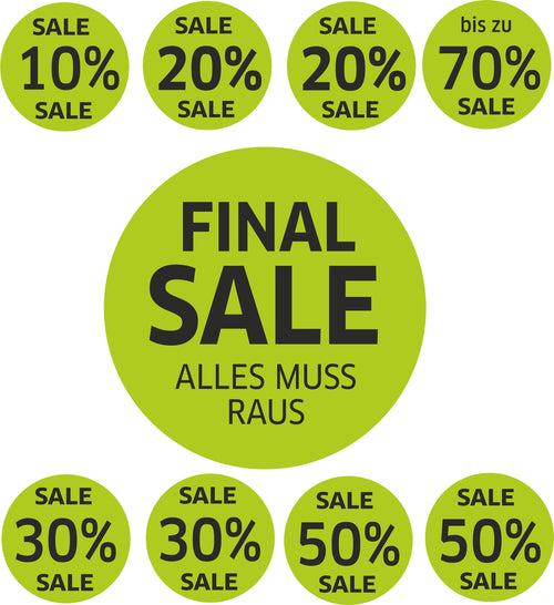 9x SALE Aufkleber Set, Farbe grün-schwarz – Rabatt Sticker für Schaufenster