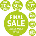 7x SALE Aufkleber Set, Farbe grün – Rabatt Sticker für Schaufenster