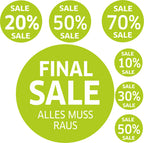 7x SALE Aufkleber Set, Farbe grün – Rabatt Sticker für Schaufenster