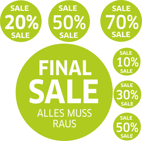 7x SALE Aufkleber Set, Farbe grün – Rabatt Sticker für Schaufenster