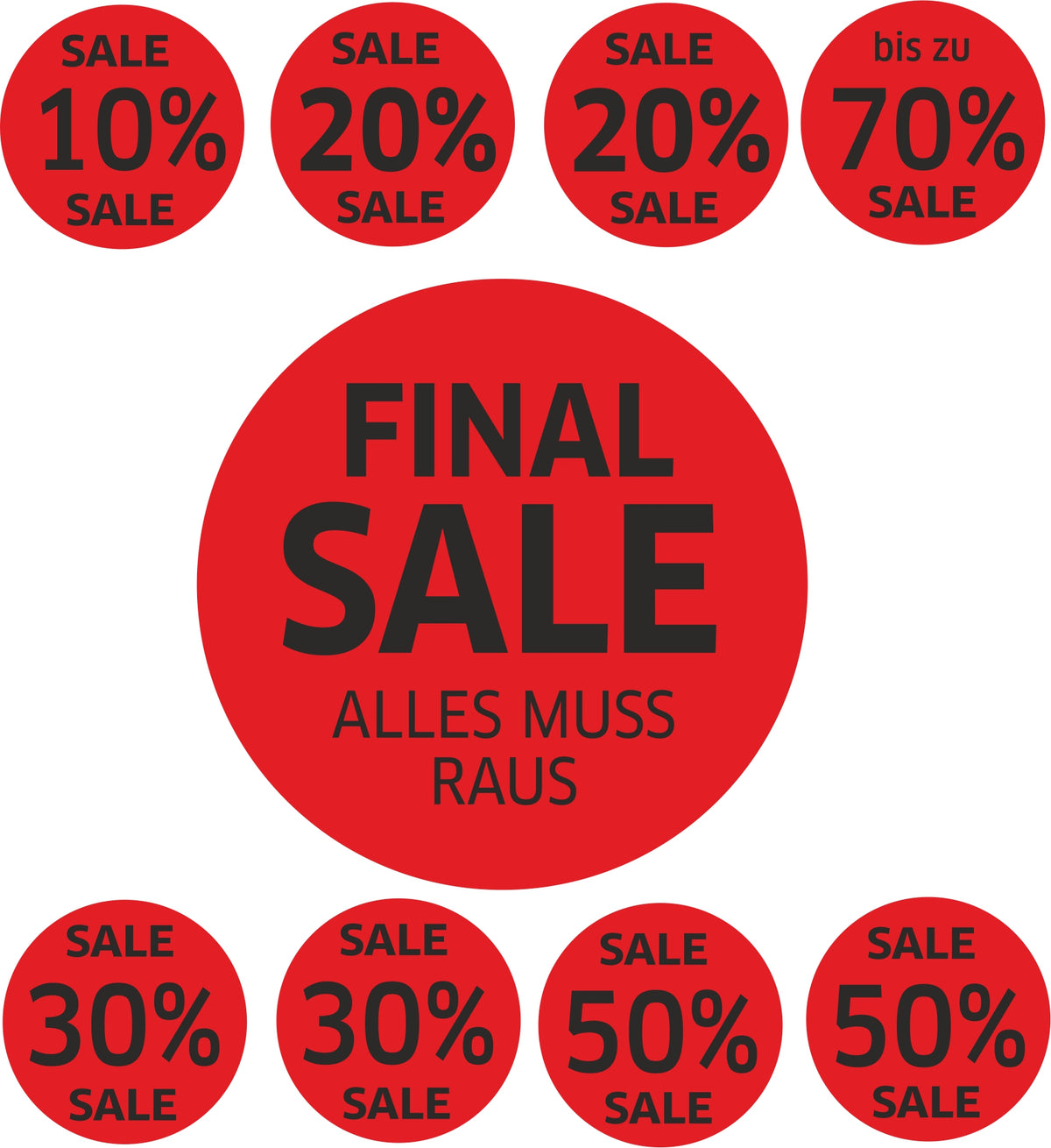 9x SALE Aufkleber Set, Farbe rot-schwarz – Rabatt Sticker für Schaufenster | Werbeaufkleber