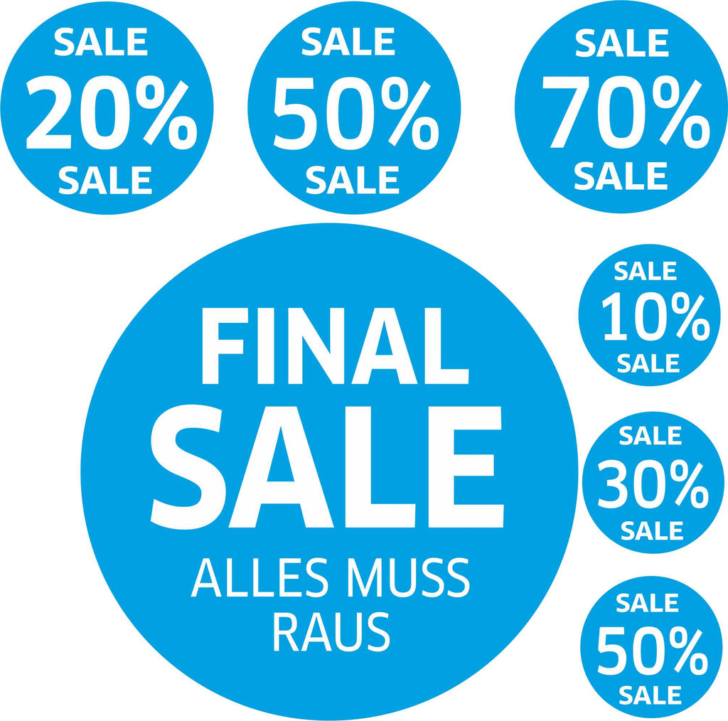 7x SALE Aufkleber Set, Farbe blau – Rabatt Sticker für Schaufenster |  Werbeaufkleber