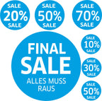 7x SALE Aufkleber Set, Farbe blau – Rabatt Sticker für Schaufenster |  Werbeaufkleber