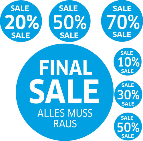 7x SALE Aufkleber Set, Farbe blau – Rabatt Sticker für Schaufenster |  Werbeaufkleber