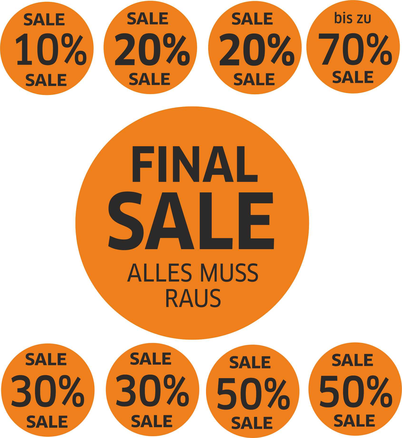 9x SALE Aufkleber Set, Farbe orange-schwarz – Rabatt Sticker für Schaufenster