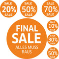 7x SALE Aufkleber Set, Farbe orange – Rabatt Sticker für Schaufenster | Werbeaufkleber