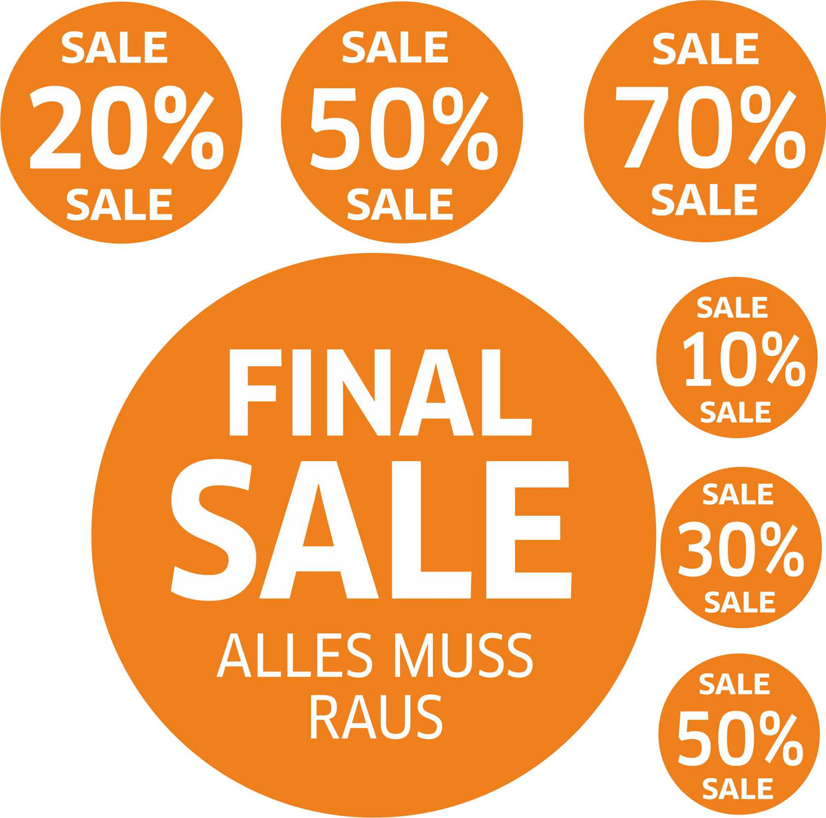7x SALE Aufkleber Set, Farbe orange – Rabatt Sticker für Schaufenster | Werbeaufkleber