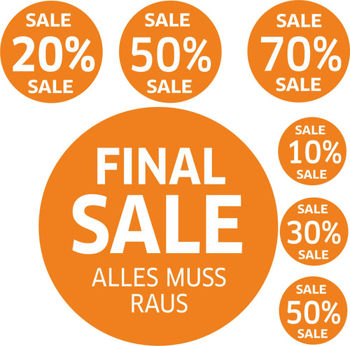 7x SALE Aufkleber Set, Farbe orange – Rabatt Sticker für Schaufenster | Werbeaufkleber