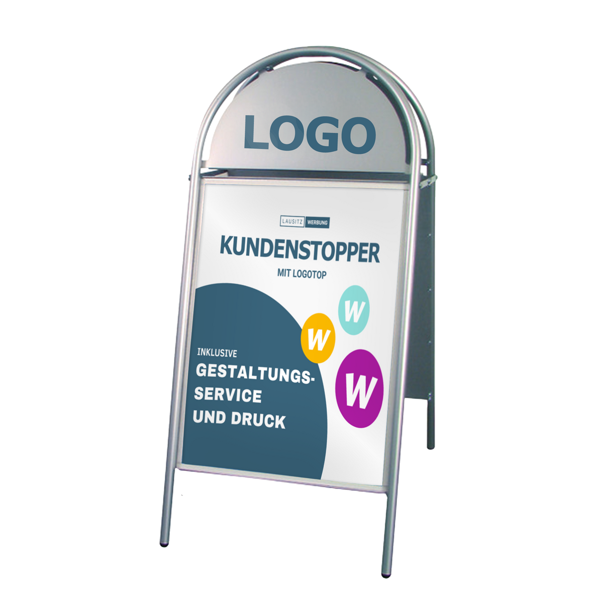 Indoor/Outdoor Kundenstopper mit Logotop | A1,70x100cm | weiß, schwarz, silber, rot
